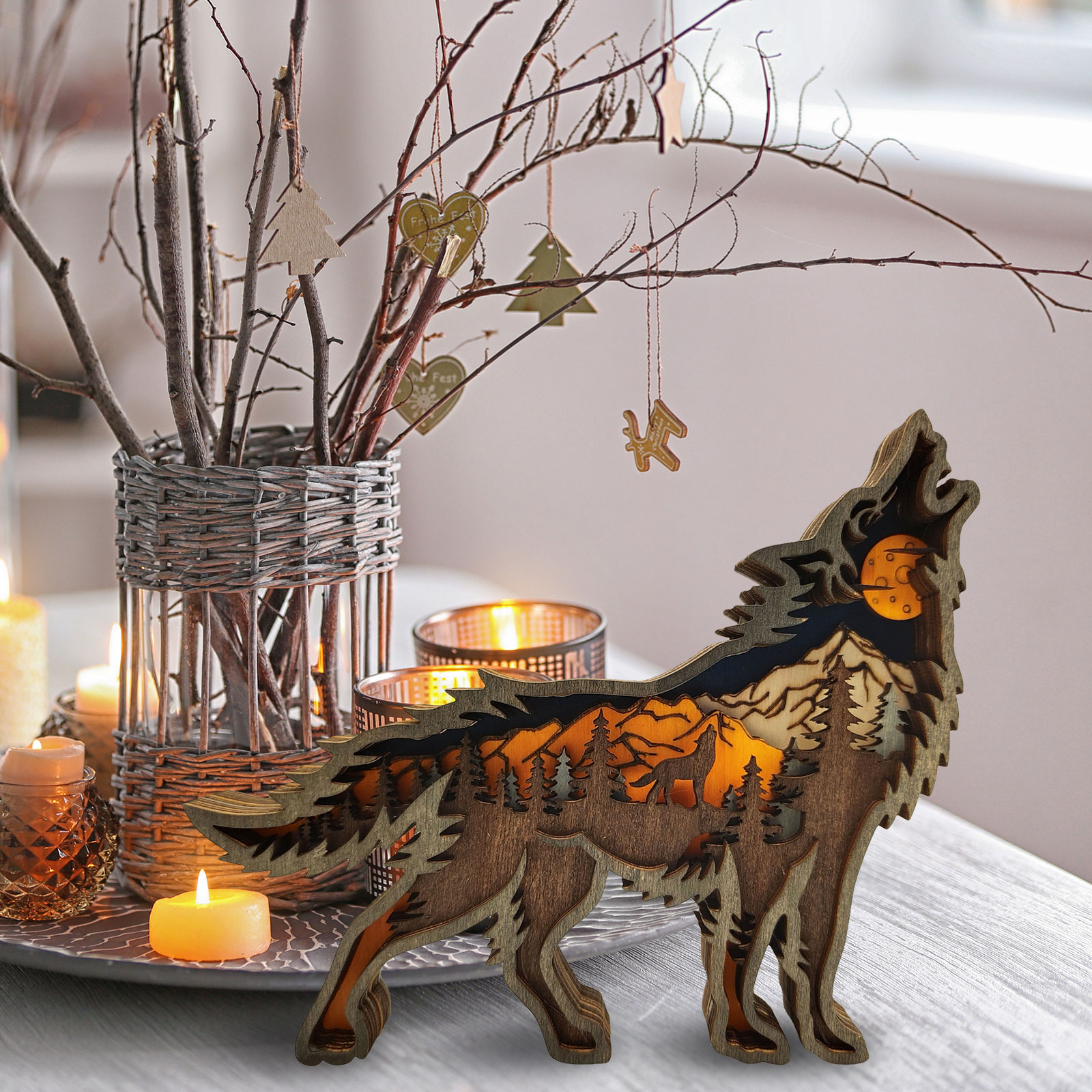 Animal Carving Handcraft Wall Hanging Sculpture 3D Wolf Horse Bear Deer Hand Painted Decorations for Home Living Room