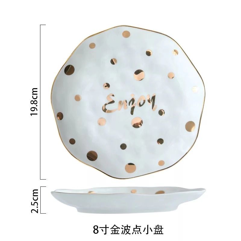 Europæisk guld bølgepunkt keramik porcelæn suppe skål frugt frugt bøf plade desserter fad sød mad plader: Plade -8 inches