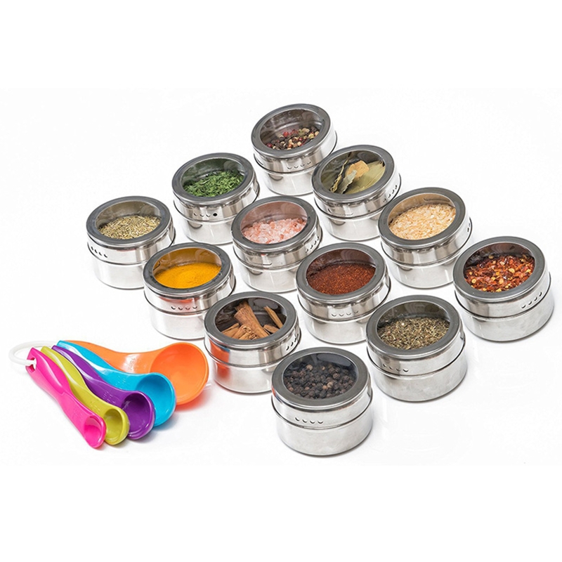 Magnetic Spice Tins with Clear Shaker Lids Stainless Steel Pepper Storage Jars Condiment Bottle Kitchen Herb Tool Seasoning Can