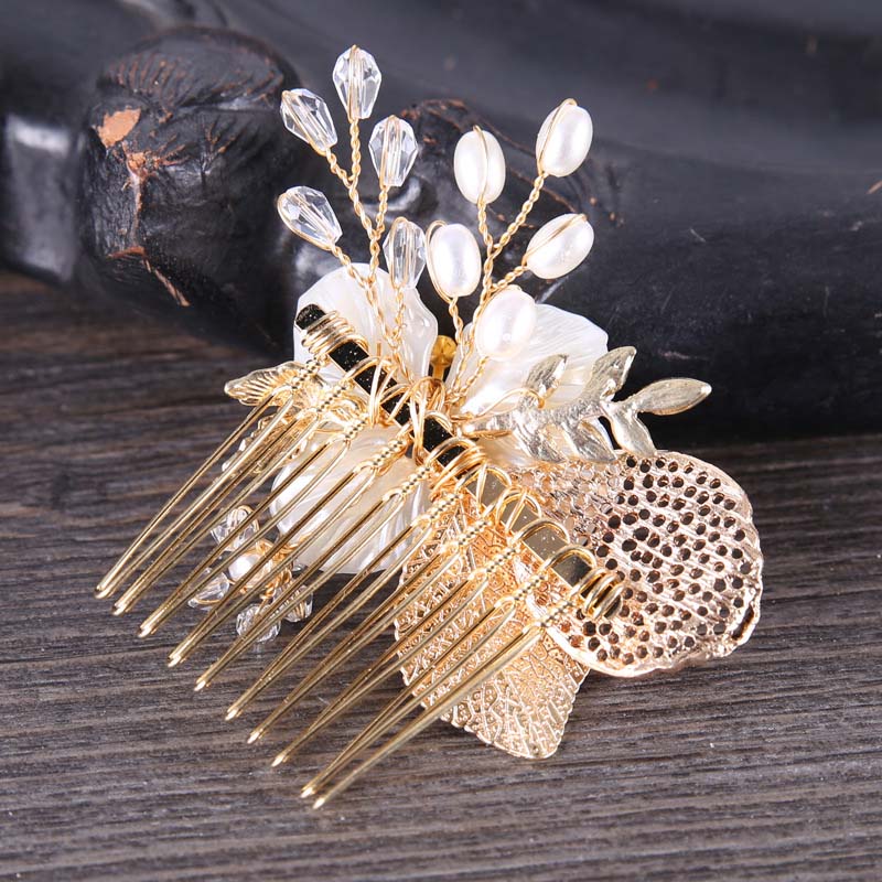 FORSEVEN Golden Leaf Crown Rhinestones Pearls Noiva Wedding Hair Comb Bridal Headpiece Crystal Tiara Hair Jewelry Accessories