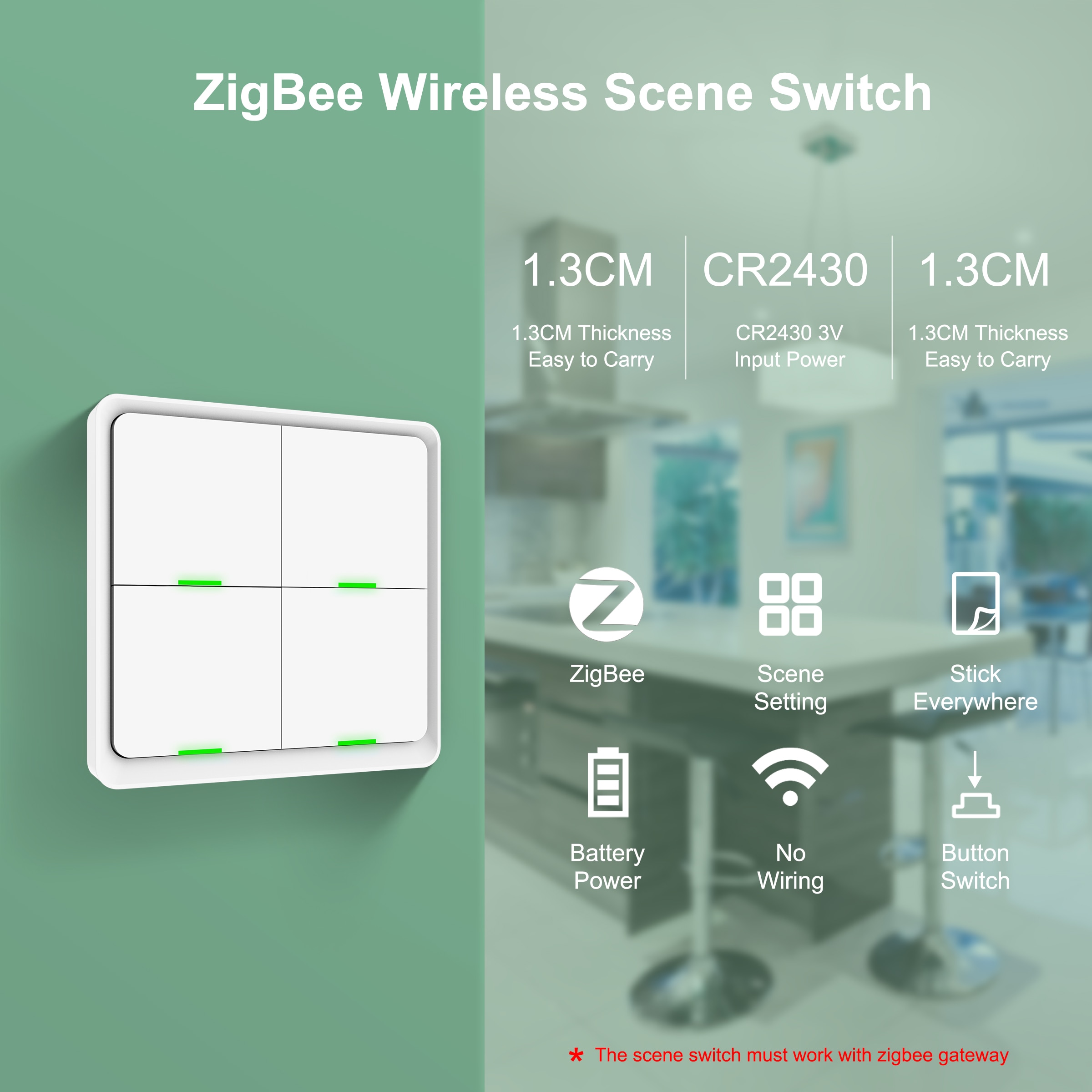 Tuya ZigBee Scene Switch 4 Gang, Smart Wireless Remote Control Universal Button Switch, Works with All Tuya Wifi/ZigBee Devices