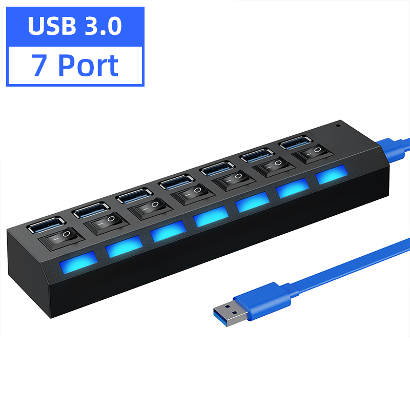 HUB USB 3.0 à plusieurs ports avec interrupteur, répartiteur pour PC, adaptateur d&#39;alimentation multiple USB 2.0: USB 3.0 7 Port