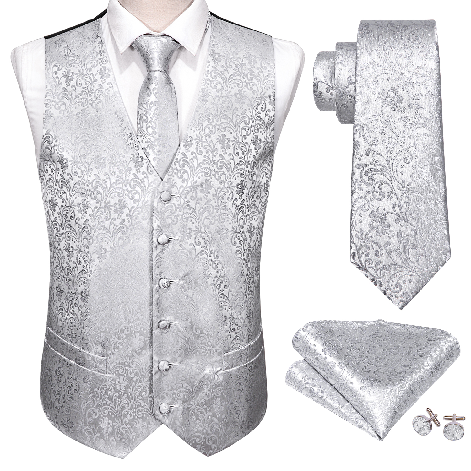 Traje de boda de plata para hombre, chaleco Floral Jacquard Folral de seda, conjunto de traje, pañuelo, corbata, de Tony Wang