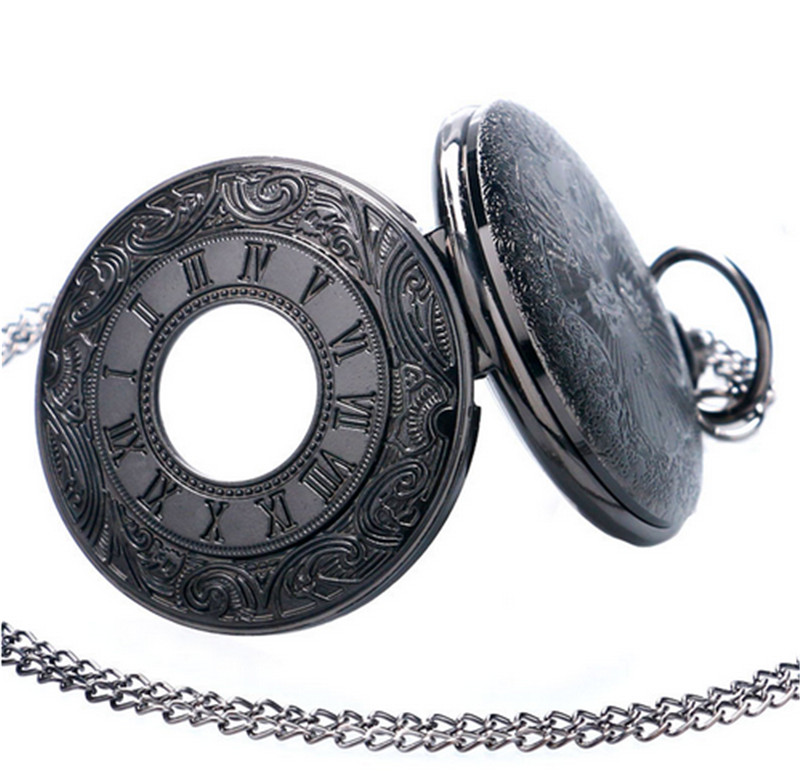 Zwart Pocketwatch Vintage Charmunisex Mode Romeinse Aantal Quartz Steampunk Zakhorloge Vrouwen Man Ketting Hanger Met Ketting
