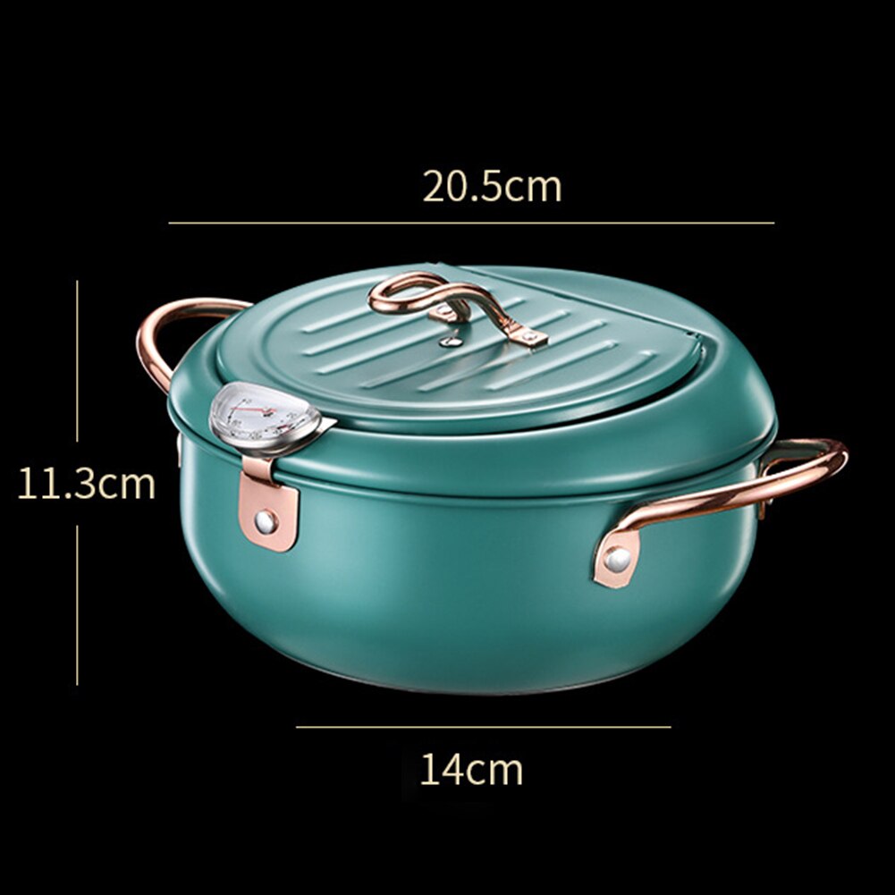 Stainless Steel Japanese Tempura Deep Frying Pot Fryer with Thermometer Drainer Food Cooker Fried Home Kitchen Cooking Gadgets: Dark Green 20cm
