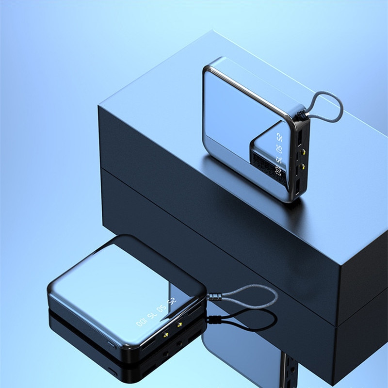 30000mAh Power Bank Mini Mirror Screen Portable Phone Charger LCD Digital Display Dual LED Lighting USB Powerbank for Smartphone: Black