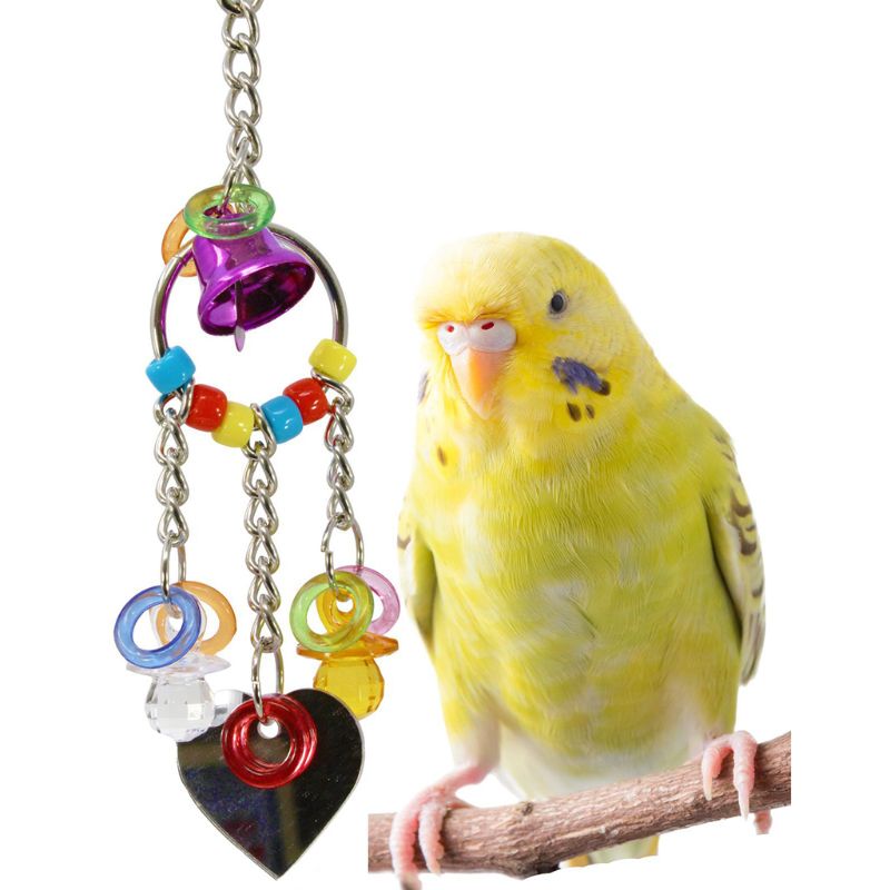 Bird Toy Pet Parrot Cage Toys Hanging Bird Chew Toys Mirror with Bell