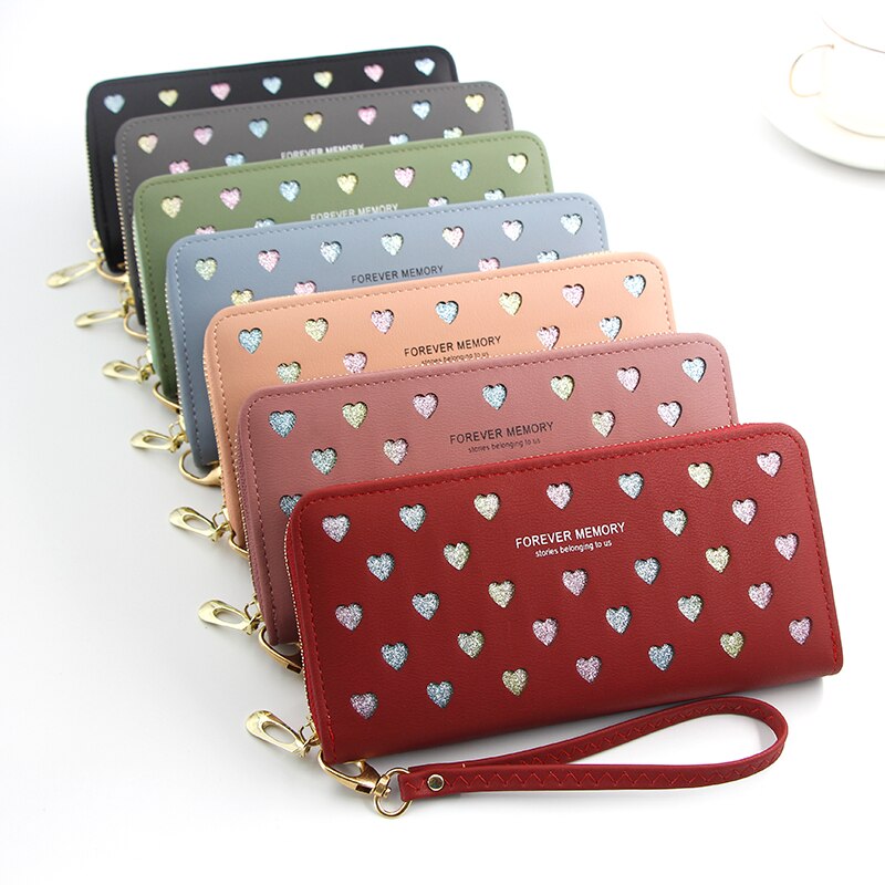 Portafoglio donna Long Love Heart Hollow Design borsa per telefono porta carte di credito in pelle ad alta capacità portafogli frizione Carteira Feminina