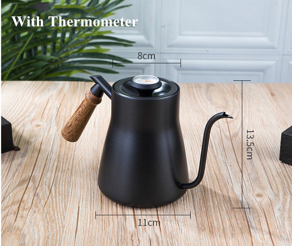 850ml 304#Stainless Steel Long Narrow Spout Coffee Pot Gooseneck Kettle Hand Drip Kettle Pour Over Coffee With lid thermomete