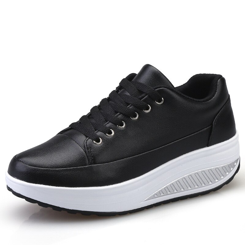 Nowe PU Lady Swing buty dla kobiet 4.5CM wysokość zwiększona wygodne odchudzanie tonujące buty sznurowanie czarne białe kobiety trampki: Black / 6.5