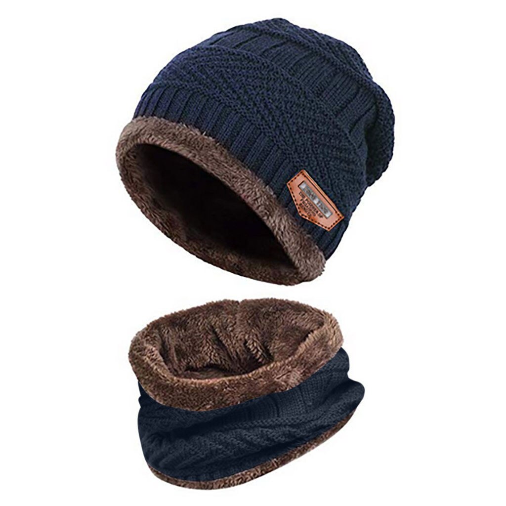 Vinter strikket hue tørklæde sæt til mænd tyk fleece varm hue hat tørklæde sæt solid strik vindtæt udendørs ski cap ring tørklæde: Marine blå