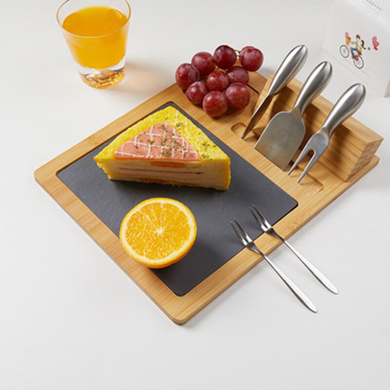 Slate Cheese Board Set with Silverware Forks Knives Premium Acacia Wood Serving Tray Cutting Tools Porcelain Ceramic Olive Dish
