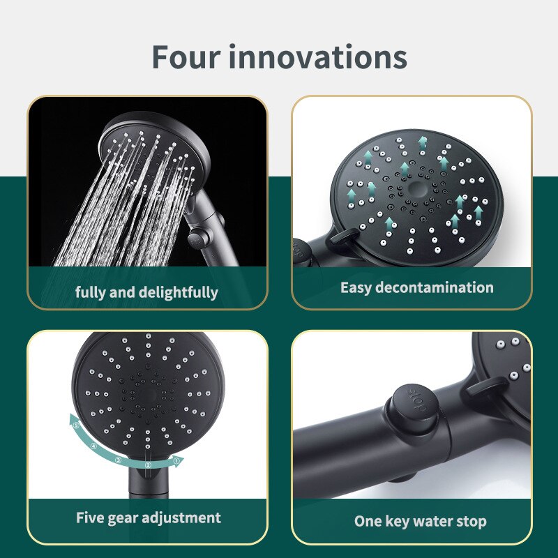Water Saving Shower Head Black Adjustable High Pressure Shower One-key Stop Water Massage Shower Head For Bathroom