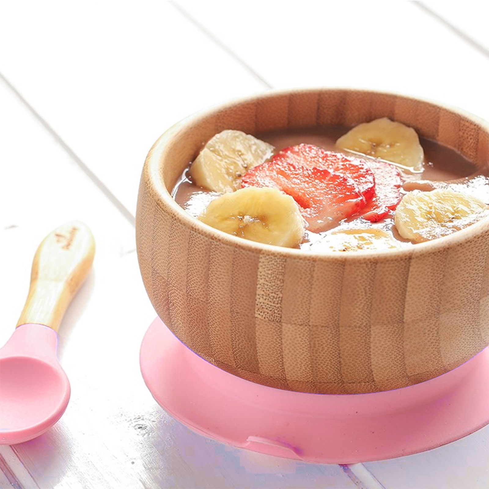 Cuchara de tazón para bebé, cubiertos de alimentación de bambú, inferior de succión libre de BPA, utensilios ecológicos para niños, vajilla de entrenamiento para bebé