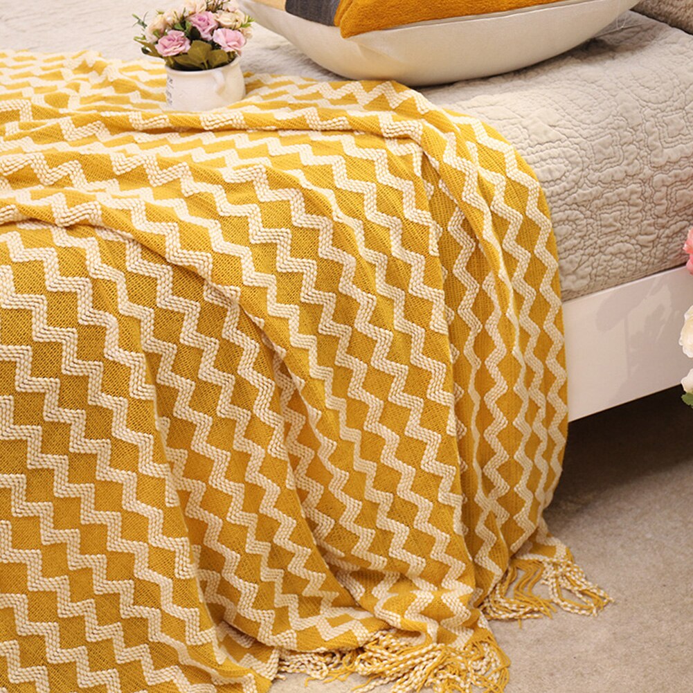 Bedding Knitted Throw Sofa Blanket Living Room Home Office Soft With Tassels Machine Washable Warm Rectangle Wave Pattern