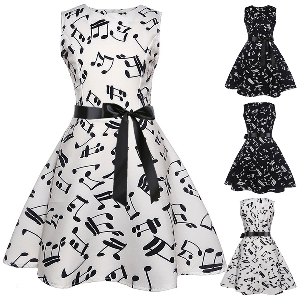 Girl party dress Sleeveless Vintage Note Printed Princess Gown Prom Swing Retro Dress Wedding Birthday Kids Dresses L1210