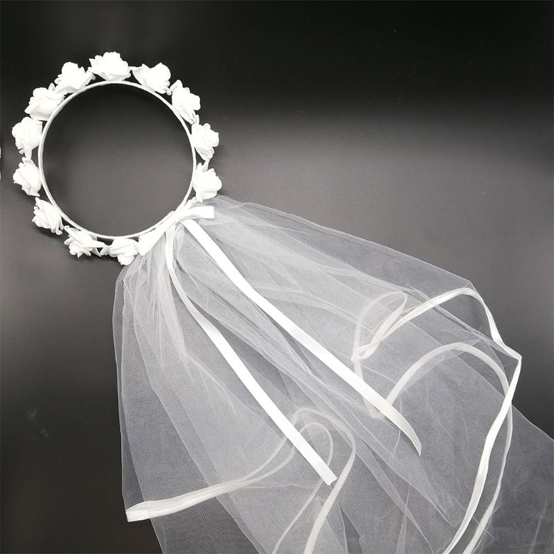 femmes mariée fleur cheveux couronne avec blanc mariage voile bandeau couronne réglable à lacets ruban Bachelorette partie