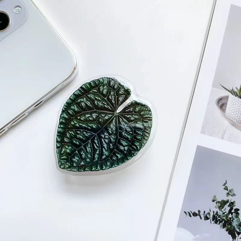 Cute Green Plants Leaves Universal Phone Holder Griptok Support For iPhone Grip Tok Folding Finger Stand Socket: white
