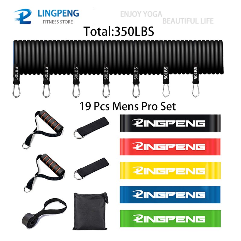 Conjunto de banda de resistencia física fuerte, cuerda elástica para Yoga, gimnasio, entrenamiento, expansor, anclaje de puerta con mango, correa para el tobillo: 19 Pcs Mens Pro Set