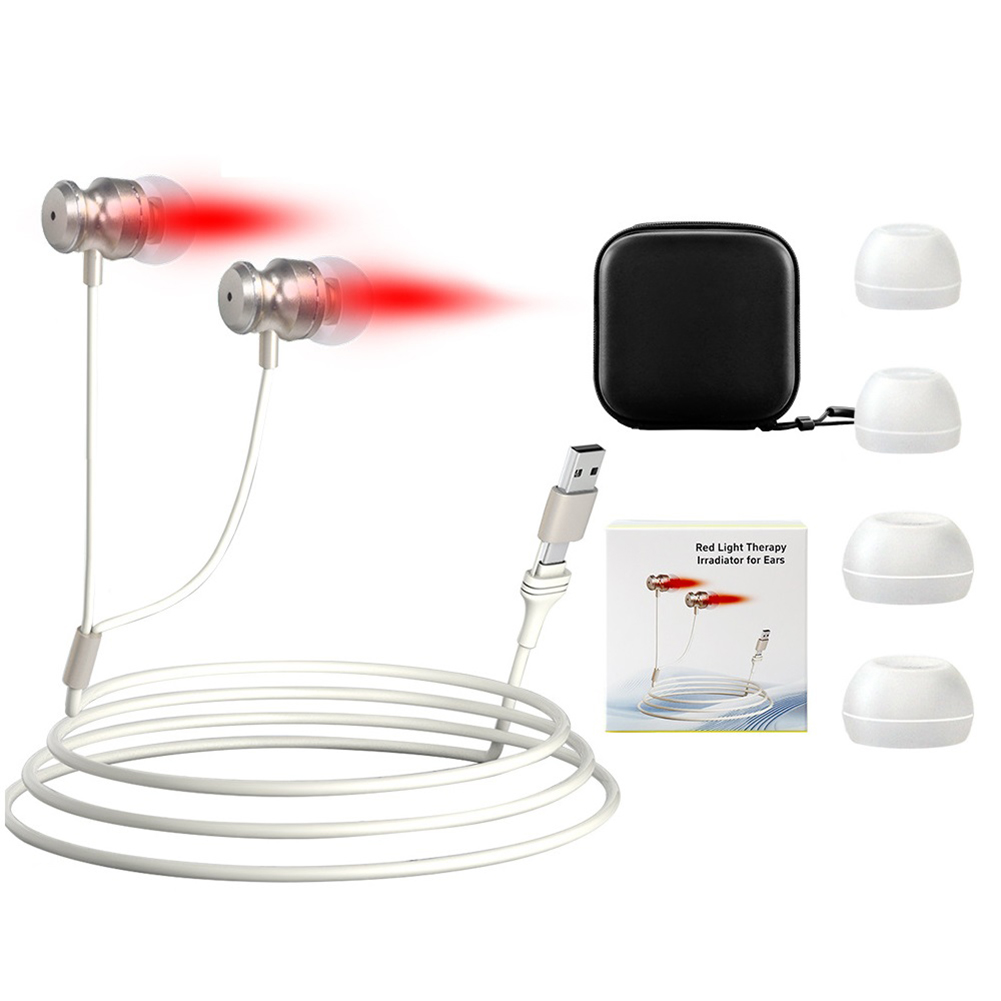 Tampões para os ouvidos infravermelhos para zumbido, usb + tipo-c com 2 pares de capa de silicone para canal auditivo, dispositivo de terapia de ouvido com luz vermelha 650nm para orelhas