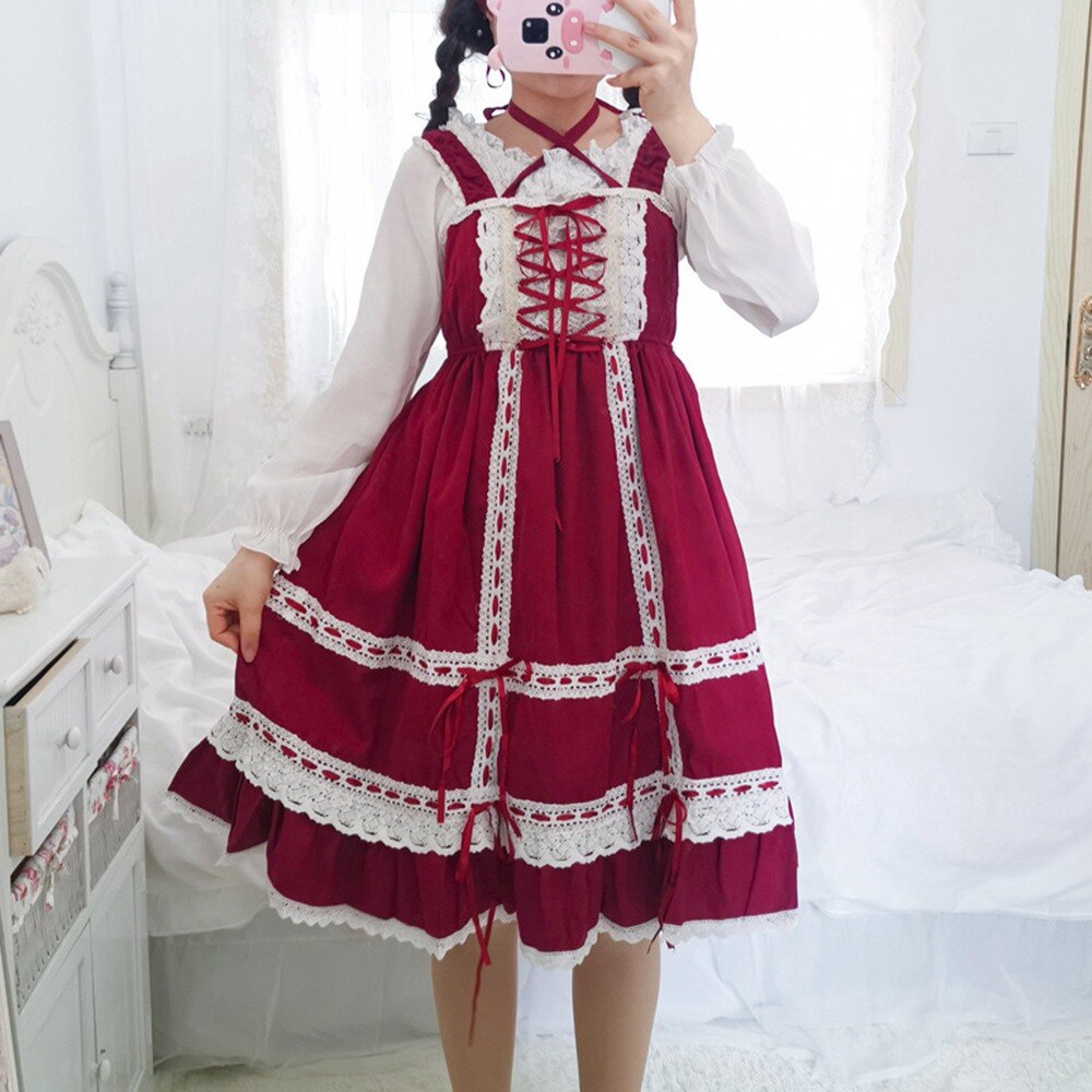 Lolita Princess Dress Sweet Ruffle JSK Dresses Lace UP Loli Straped Dress Kawaii Girl Women Vestidos With Headband AFC769