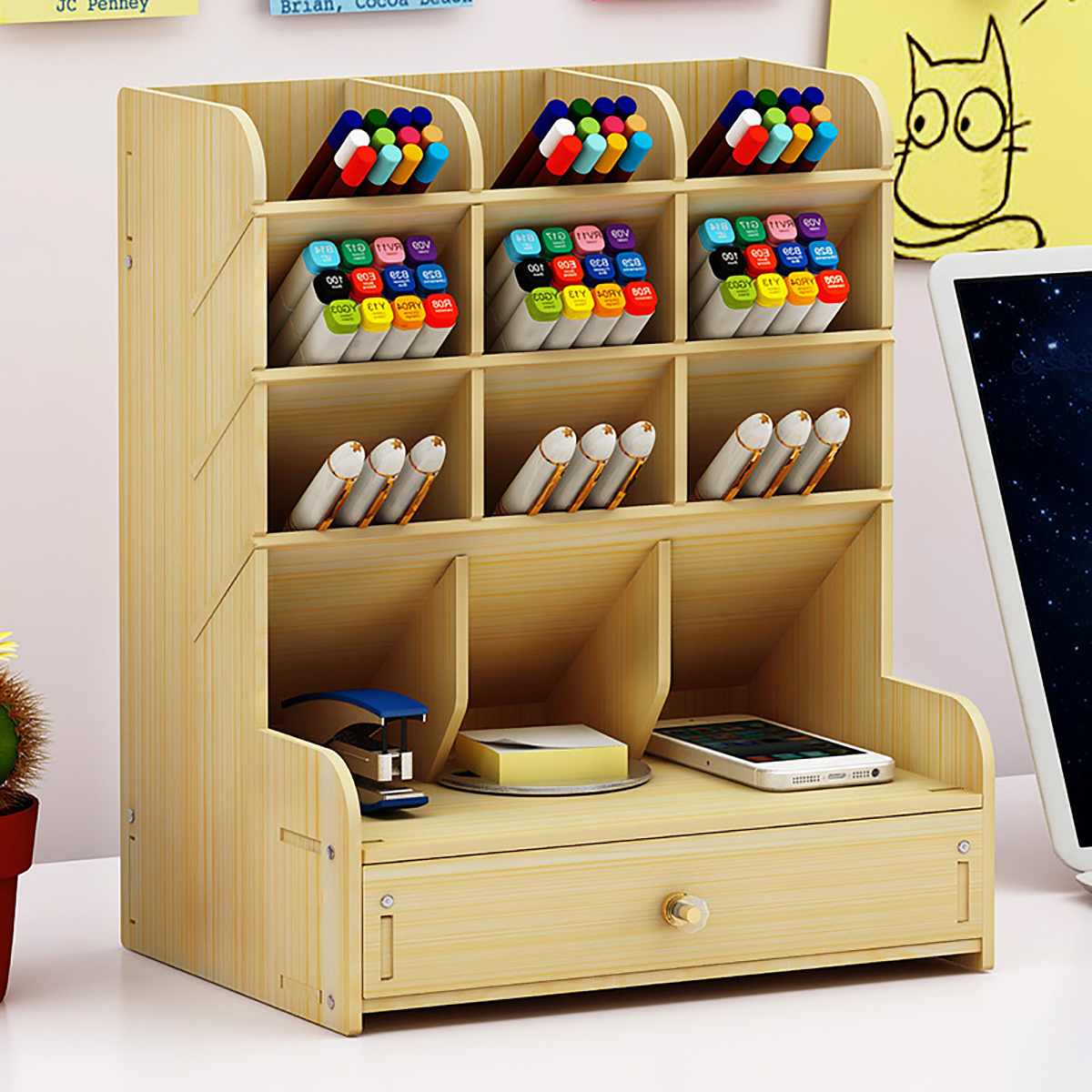 Wooden Multi-function Desktop Pen Holder with drawer Office School Storage Case Desk Pen Pencil Organizer Stationery Storage: light brown