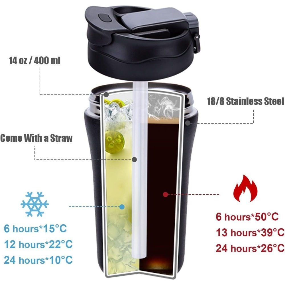 14Oz Insulated Stainless Steel Travel Coffee Mug Spill Proof Travel Mug with Straw Reusable Drinkware for and Cold Beverages