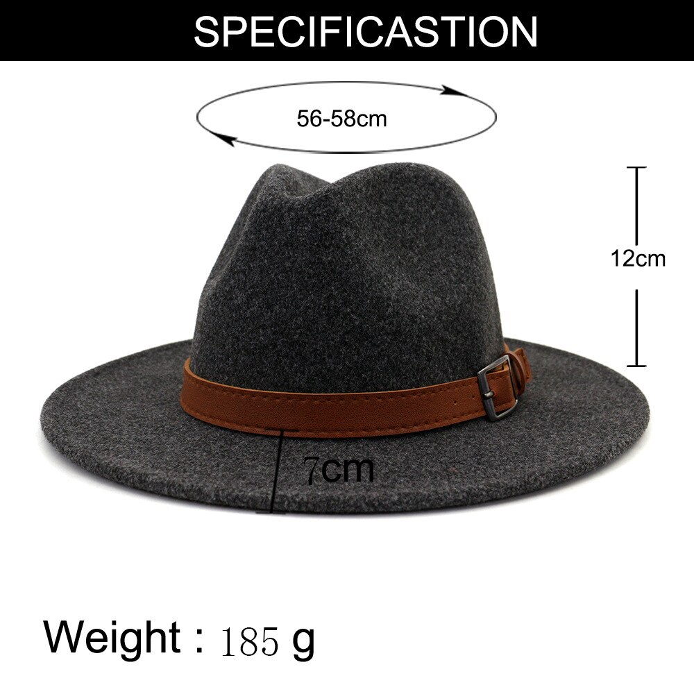 Sombrero Fedora de lana con lazo de cuero para hombre, gorra redonda americana y europea, color negro, para Otoño e Invierno