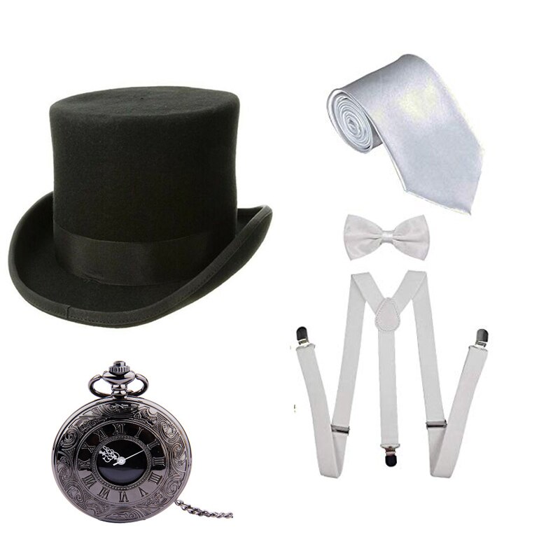 1920s herre store gatsby tilbehør sæt brølende 20s 30s retro gangster kostume lommeur armbånd slips: Hvid