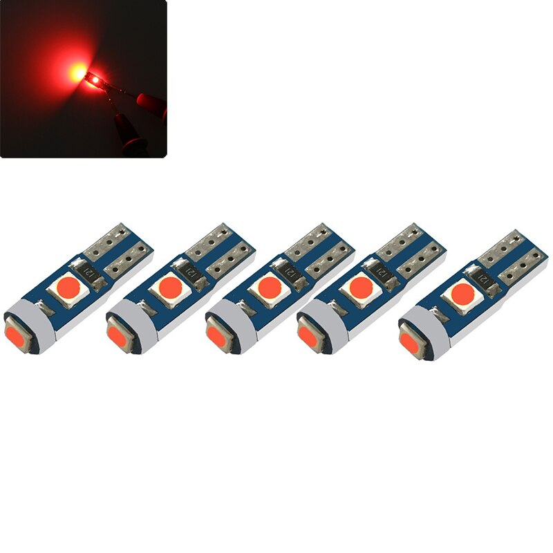 Accessoires de voiture, 5 pièces, lampe Led T5 3030 12V, éclairage intérieur automatique, indicateur de réchauffement du tableau de bord, lampe d&#39;instrument automobile: Rouge