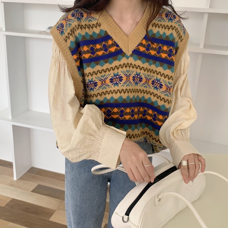 Alien Kitty Vintage Printing Knitting Sweater Vest V-Neck Sleeveless Vest Autumn Ladies All-Match Casual