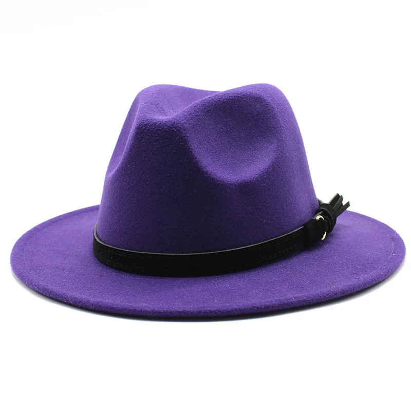Sombrero Fedora de fieltro Gangster Trilby, gorras de Jazz de ala ancha europea americana, sombrero de boda blanco de lana para hombres y mujeres, 56-58-61CM: M / Morado
