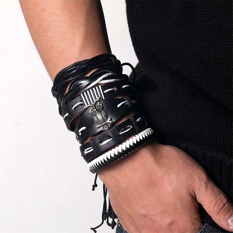 Wood Bead Male Multilayer Leather Bracelet Men Braided Rope Wrap Bracelets Bangles Pulseira Masculina Jewelry Pulsera: S318