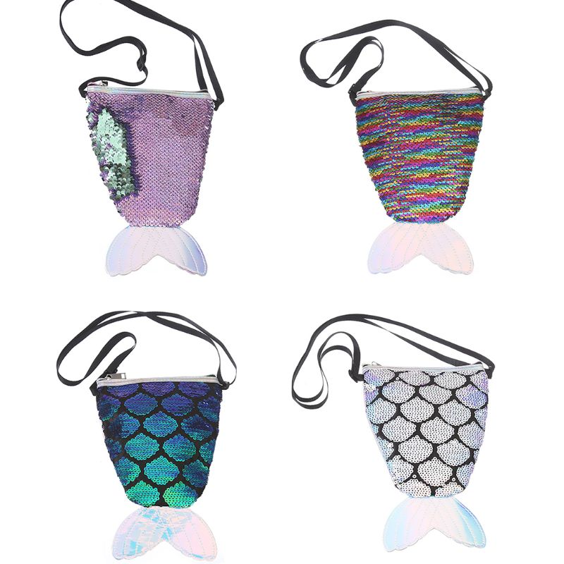 Sequins Hologram Fish Tail Coin Purse Mini Travel Crossbody Shoulder Bag for Women Girls