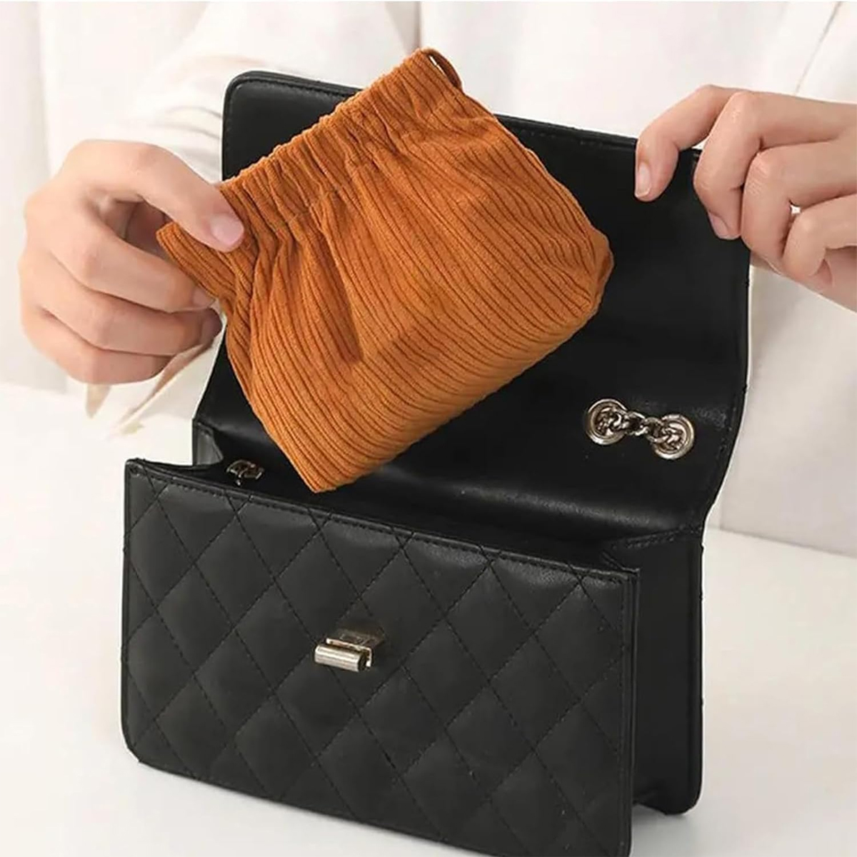 YANZAI 2pcs Corduroy Elastic Hair Tie Organizer Mini Makeup Pouch for Purse Cosmetic Organizer for Women Brush Storage