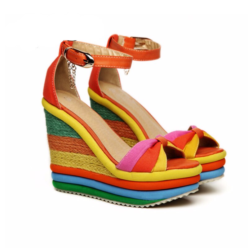 Ceyaneaossandals-sandales à plateforme, sandales d'été pour femmes, bloc de couleurs, talons hauts avec lanière à cheville, tressées, été sandales à talons compensés