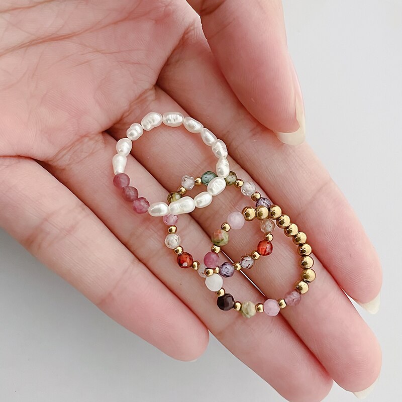 Kpop Leuke Multi Kralen Parel Kleurrijke Crystal Verstelbare Touw Ketting Ringen Voor Vrouwen Roestvrij Staal Kraal Cirkel Minimalistische Ring