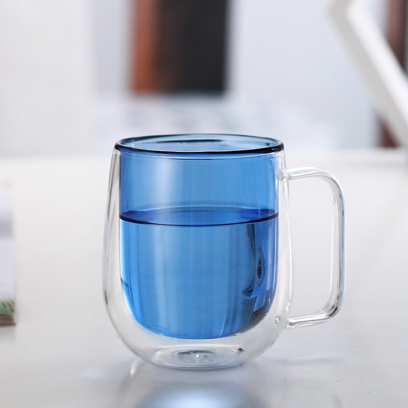 Glass Coffee Mugs 250ml multicolor Double-Layer Glass Mugs With Handle Perfect For Latte Cappuccino Espresso Glassware: Blue
