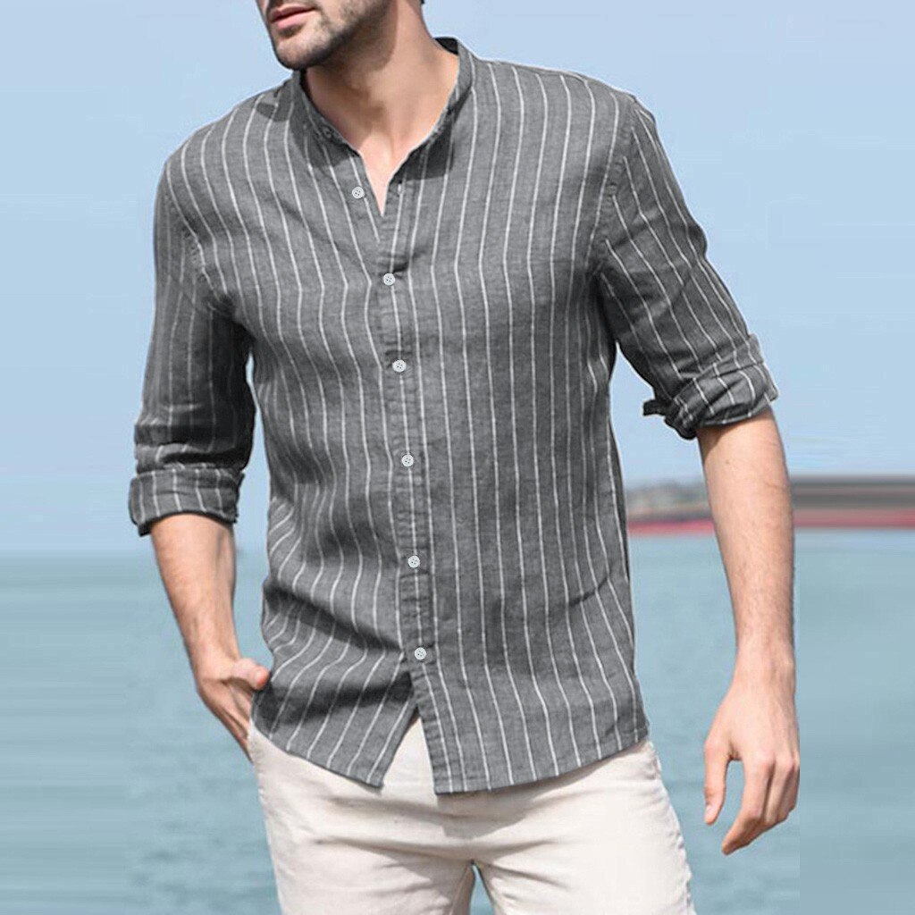 Men's Baggy Cotton Linen Striped Long Sleeve Button Retro Chemise Homme Manche Court Tops Blouse