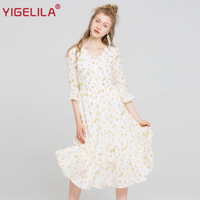YIGELILA Latest Women White Embroidery Dress V-neck Flare Sleeve Empire Slim Mid Length A-line Dress 63055: M