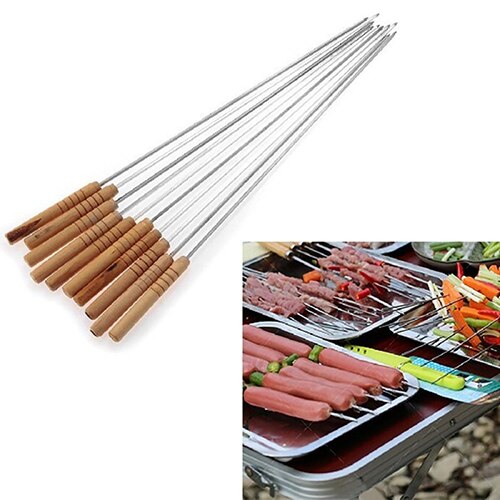 10/12 stk utendørs piknik bbq grill spyd stek pinne rustfri nål bbq steke nål med trehåndtak