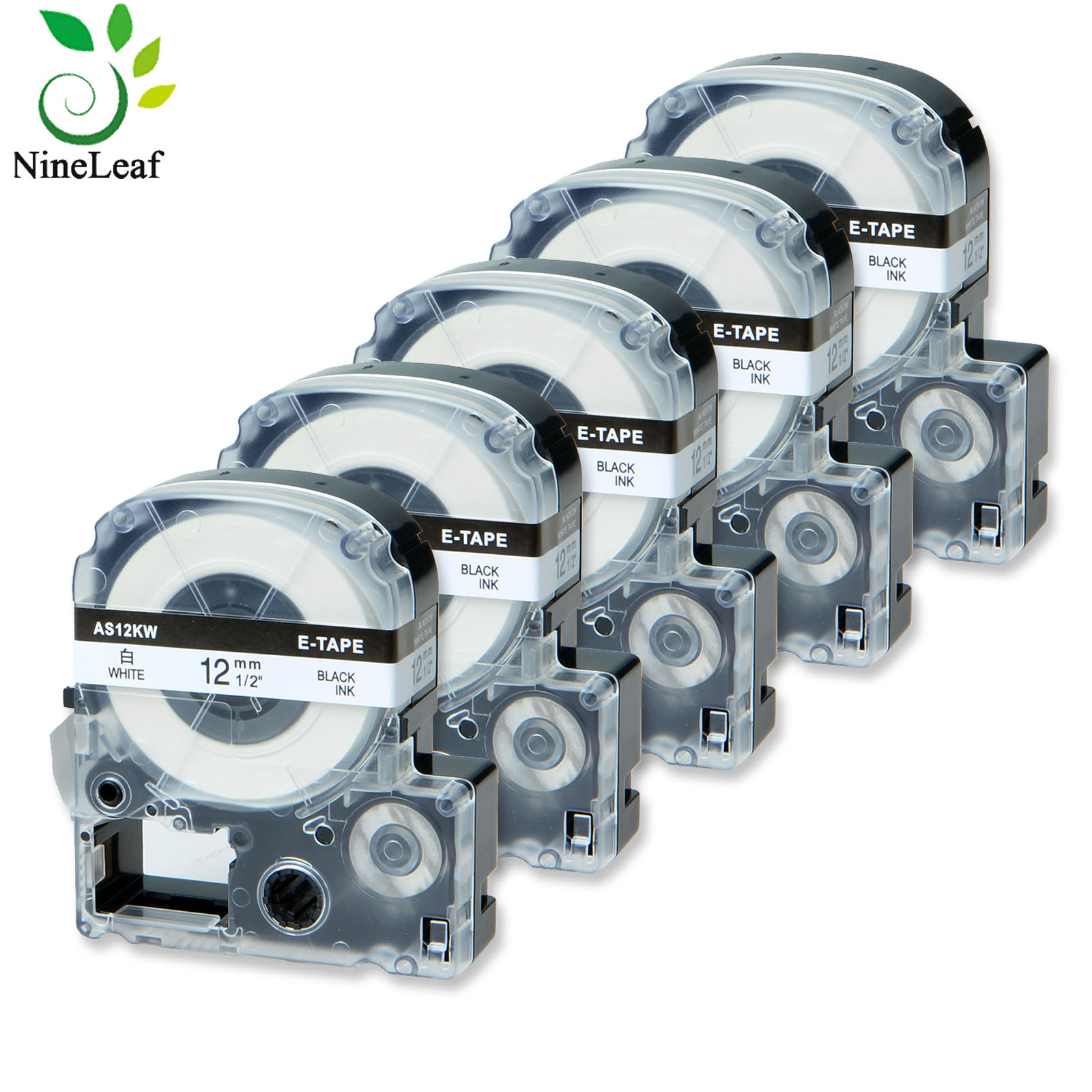 5pk yhteensopivaa epson 12mm x 8m as12kw -standarditarraa, mustaa valkoisella pohjalla, lw -400 lw-300 lw-700 lw600p k200bl -tarratulostimelle