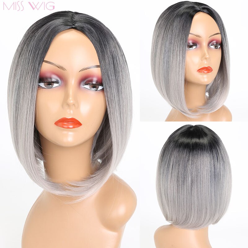 Miss Pruik Korte Rechte Ombre Roze Hittebestendige Bob Pruik Voor Vrouwen Zwart Ombre Kleur Synthetisch Haar: NC/4HL
