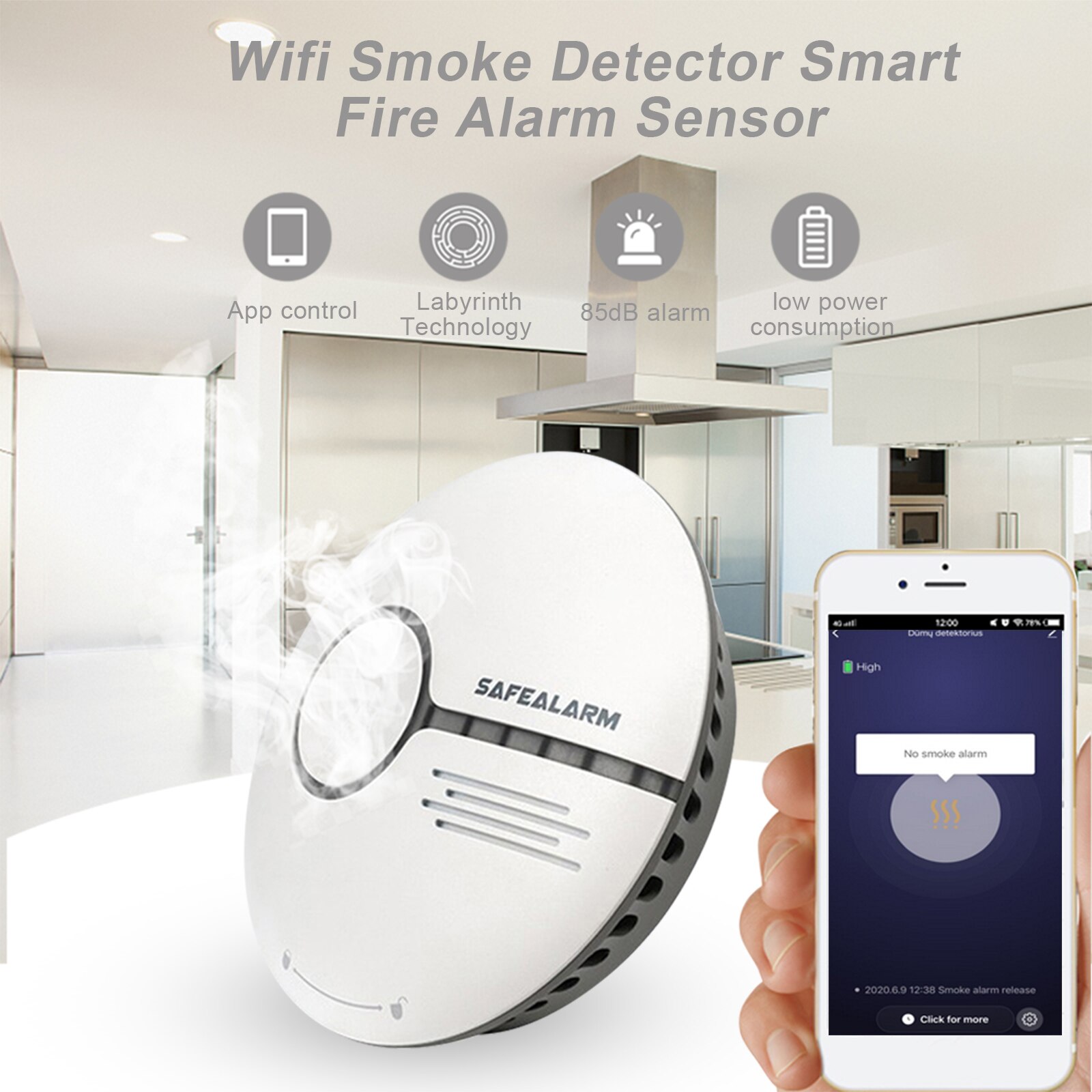 Wifi røykvarsler smart brannalarm sensor trådløst sikkerhetssystem smart life tuya app kontroll smart hjem for kjøkken/butikk