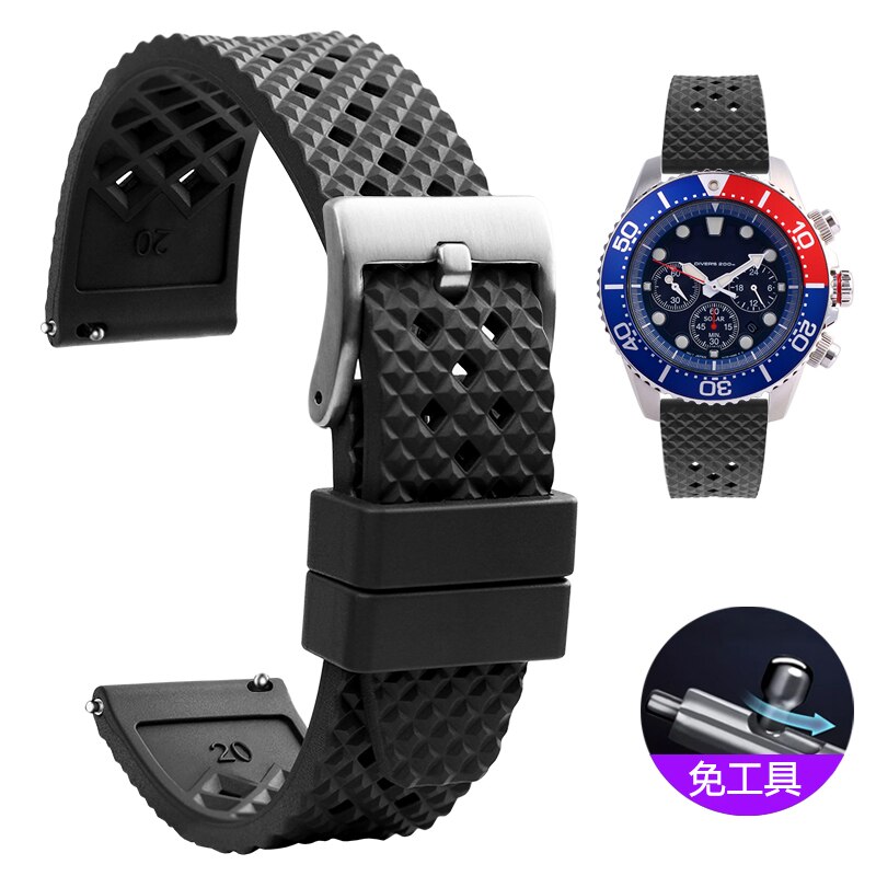 Fuerman Rubber watch strap 20mm 22mm Quick Diving Waterproof Bracelet FKM Fluorine Rubber for s-eiko Ti-ssot: black silver buckle / 20mm