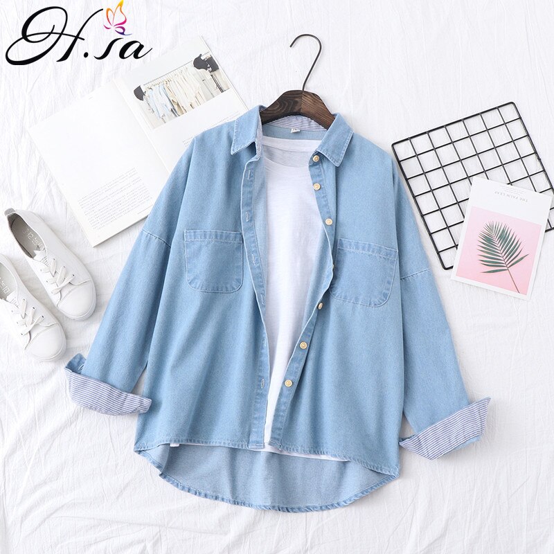 H.sa forårs jeans blusa og skjorter lange ærmer oversized knap sommer toppe denim outwear koreansk lomme camisas mujer femme: Myl-jeans lyseblå / M