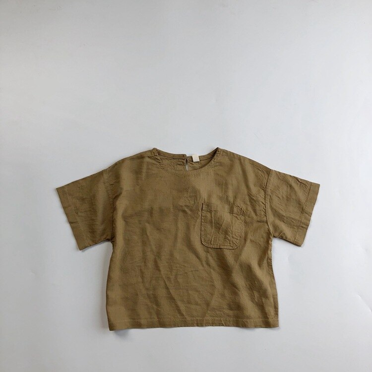 Chemise pour enfants été coréen lin coton rétro Mori chemise garçons et filles col rond chemise: Kaki / 3T