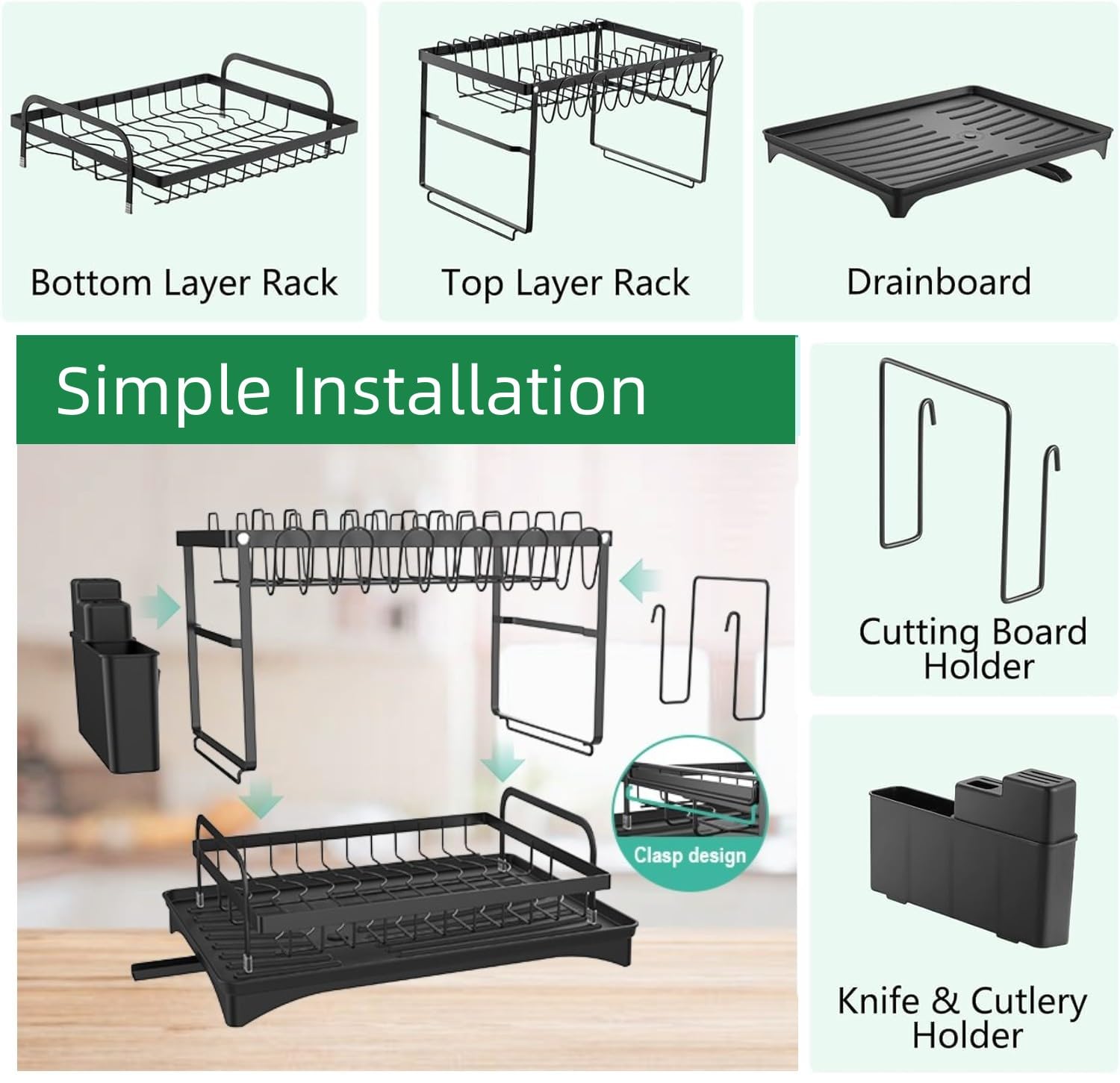 Dish Drying Rack, 2 Tier Dish Rack with Draining Tray, Rustproof Dish Drainer Racks with Detachable Utensil Holder