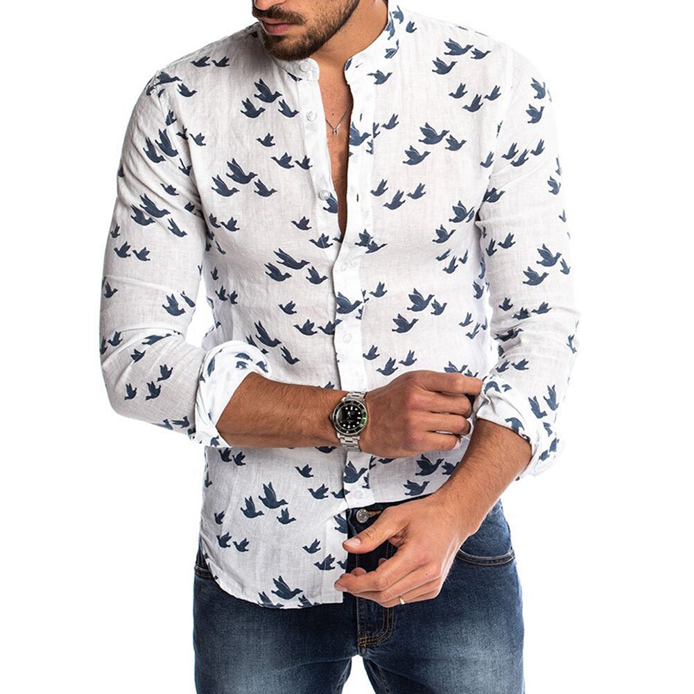 Primavera otoño Casual hombres paloma imprimir botones de manga larga camisa de lino Slim Top hombres ropa de señora de la ropa para hombre de la hoja de