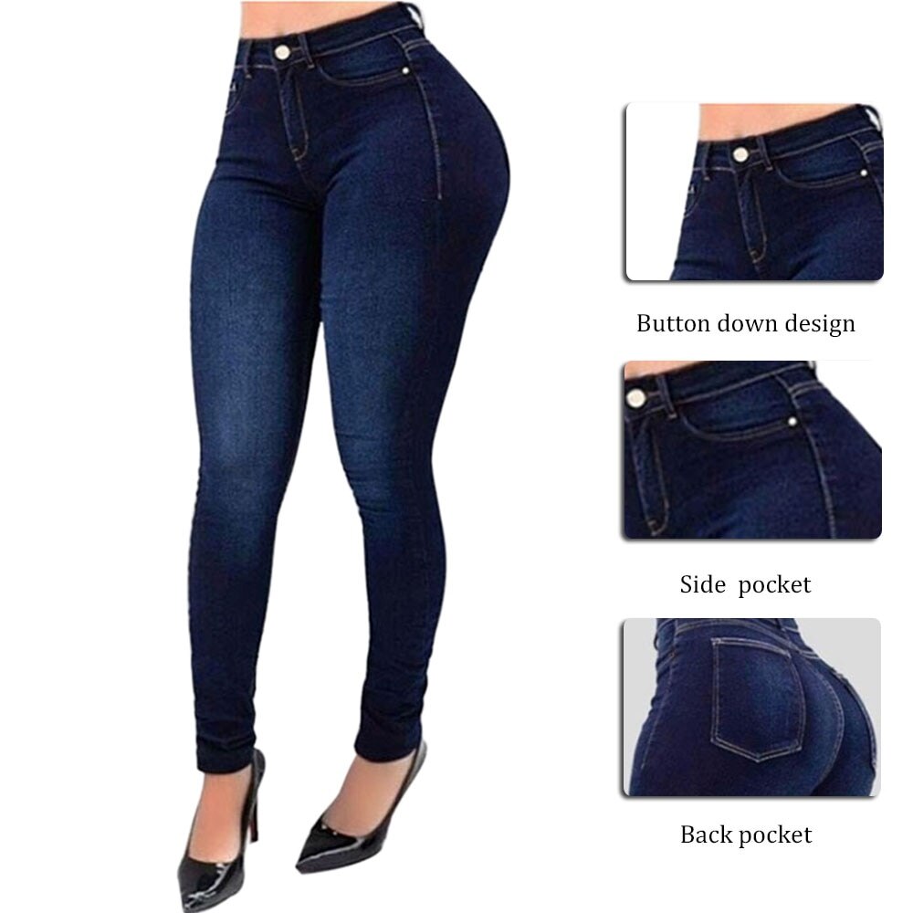 Femmes taille haute Denim maigre jean Stretch pantalon mince mollet longueur jean décontracté bouton bureau dame pantalon grande taille